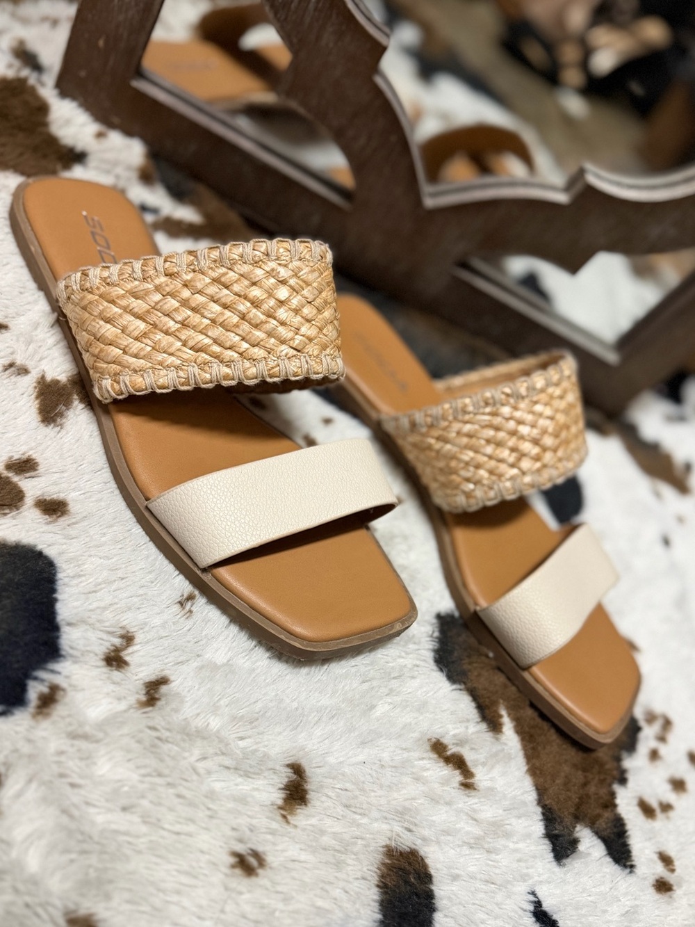 Soda Two-Band Woven & Leather Slide Sandals in Tan and Cream